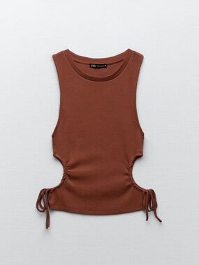 Zara Ribbed Cutout Tank Top Brown Small Side Tie